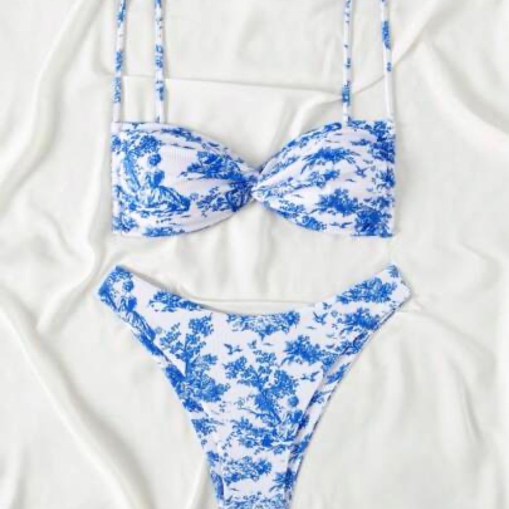 Blue and White Women's Swimwear Set